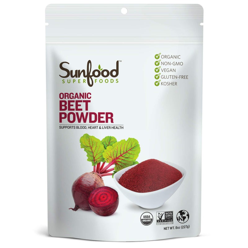 Sunfood Superfoods Organic Beet Root Powder Beetroot for Juice Smoothies Natural Food Coloring for Baking Certified USDA Organic NonGMO Vegan Gluten Free Earth Kosher 8 oz Bag